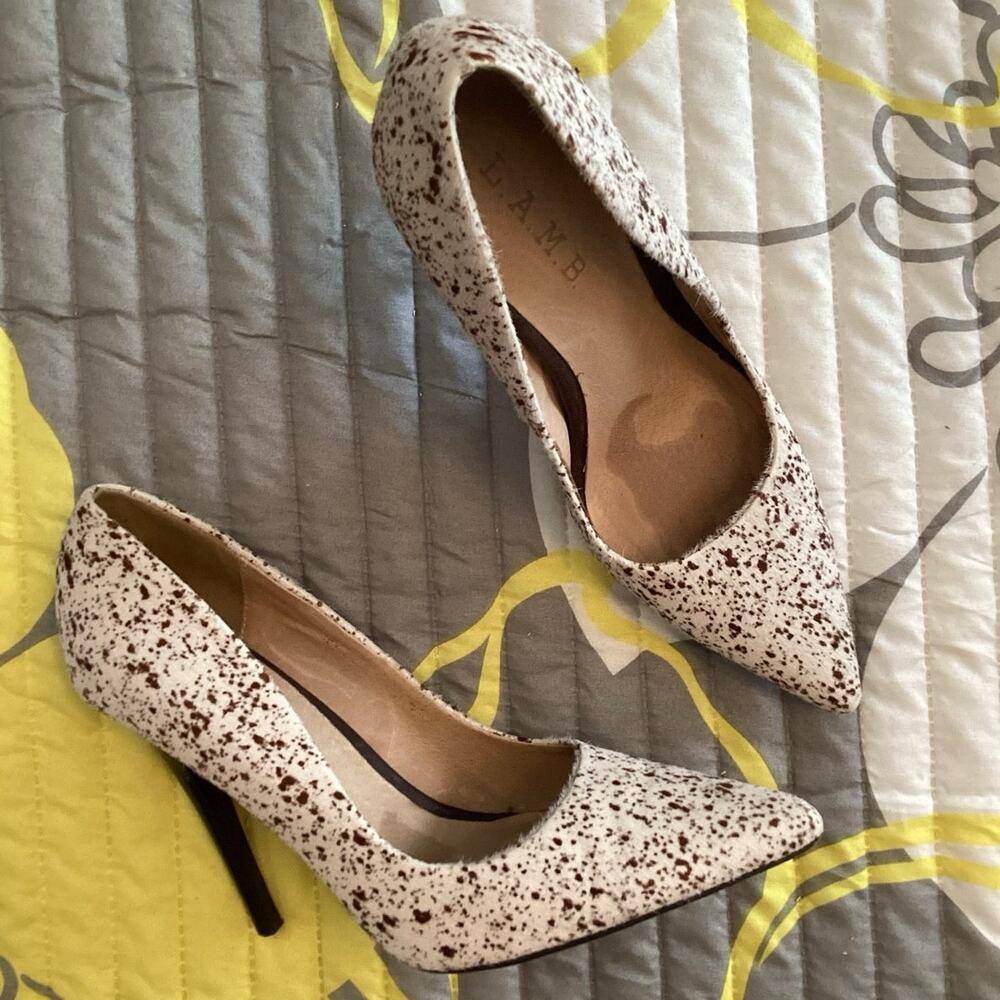 LAMB Gwen Stefani Calf Brown and Black on Cream Stiletto Heels Sz 7